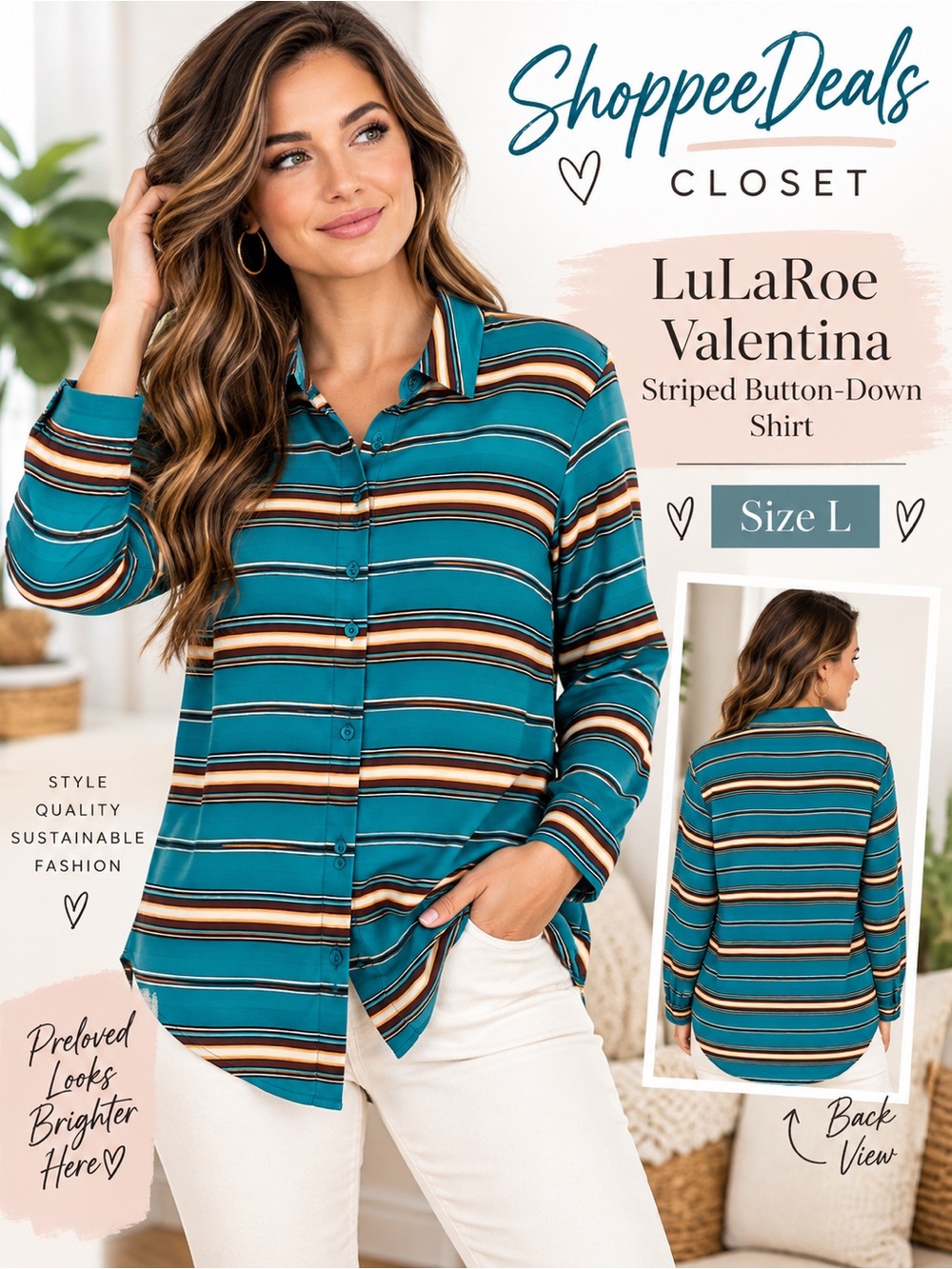 LuLaRoe Valentina Striped Button-Down Shirt Size L